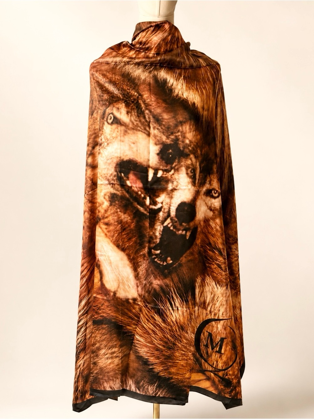 Alexander McQueen Wolf Print Silk Scarf Shawl Wrap 52x52 Brown Black NWT Women’s
